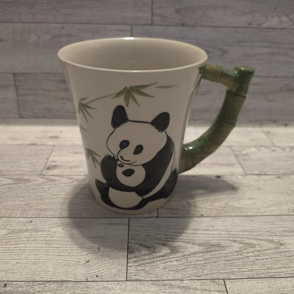 Pier 1 Imports Panda Bear 18oz Hand Painted Mug Bamboo‎ Handle